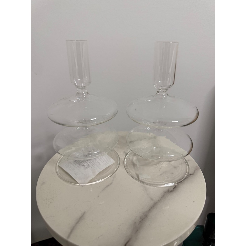 Clear Glass Double Bubble Taper Candle Holder Set Mid Century Modern Decor 7in